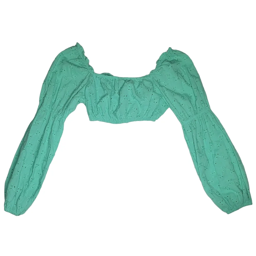 NEW Wild Fable Medium Crop Top Long Sleeve Cotton Teal Green Eyelets